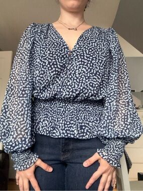 Blue Printed Chiffon Long-Sleeve Smocked Waist Blouse